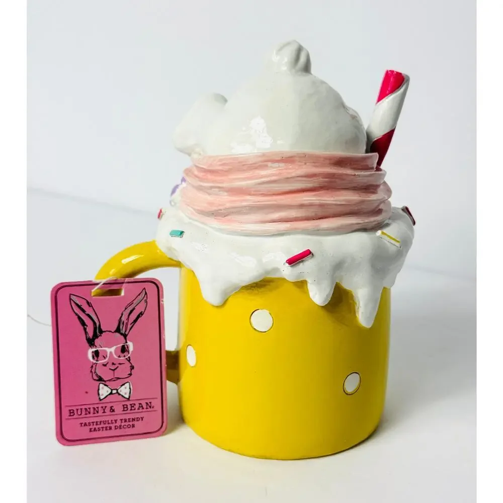 Bunny and Bean Cupcake Ice Cream in Coffee Mug Table Decor, Yellow Pink Pastel‎